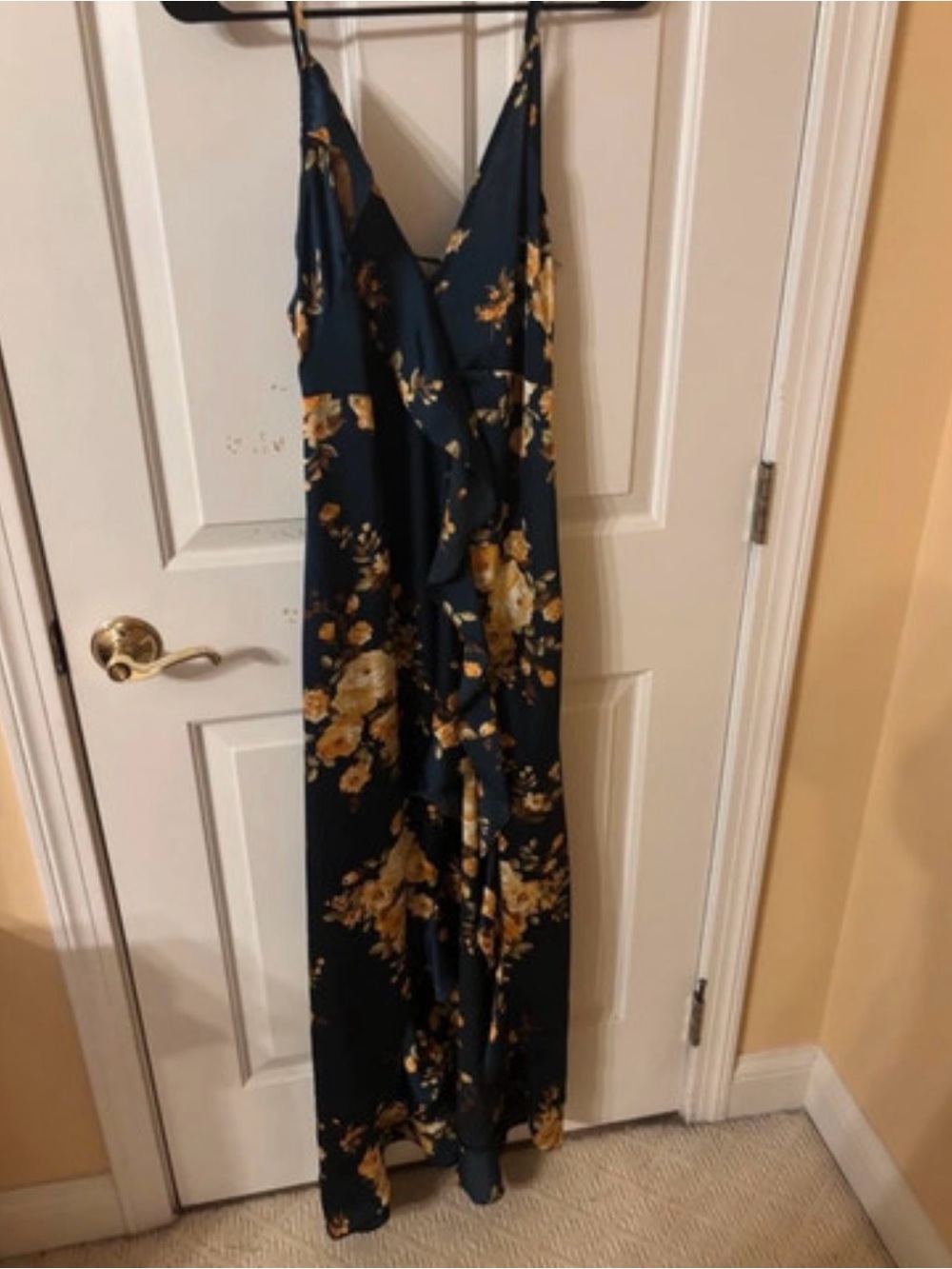 Floral V-Neck Maxi Dress in Dark Blue and Gold